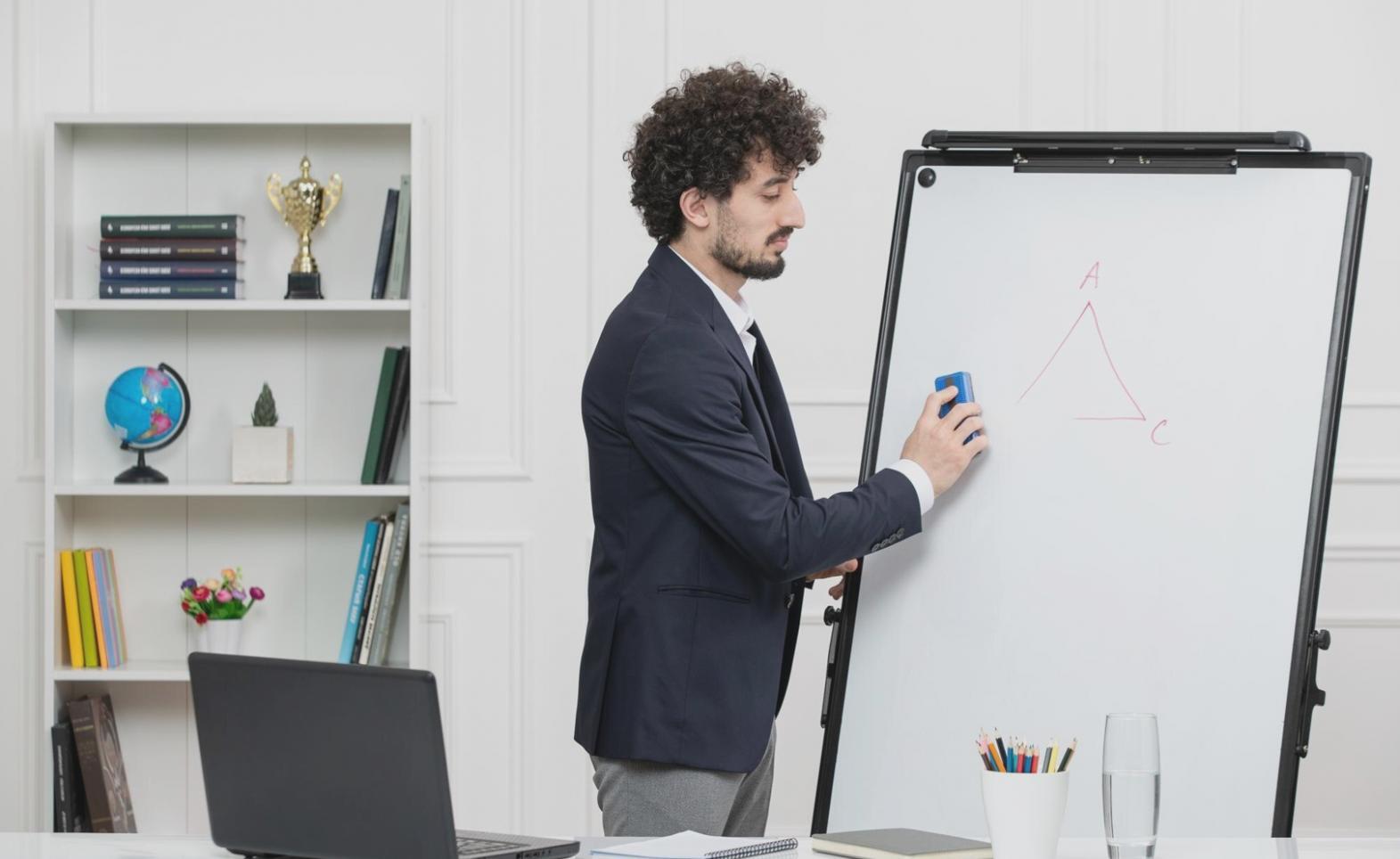 Close-up of financial ratio analysis being explained on whiteboard